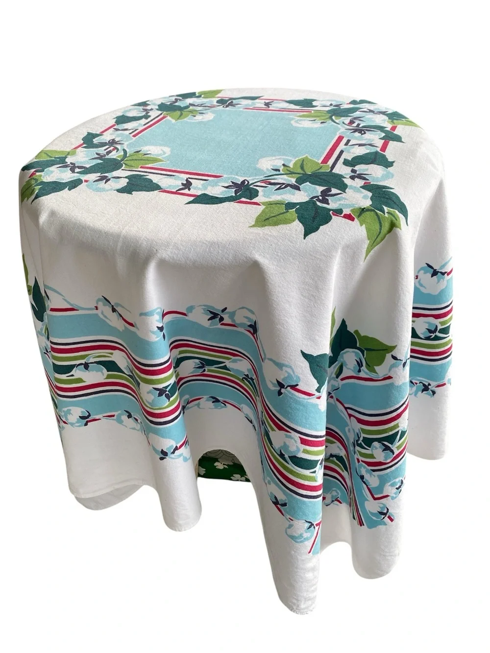 VINTAGE 1940s/50s Cotton Tablecloth - Blue Floral Border approx 47x52 - Picture 4 of 8